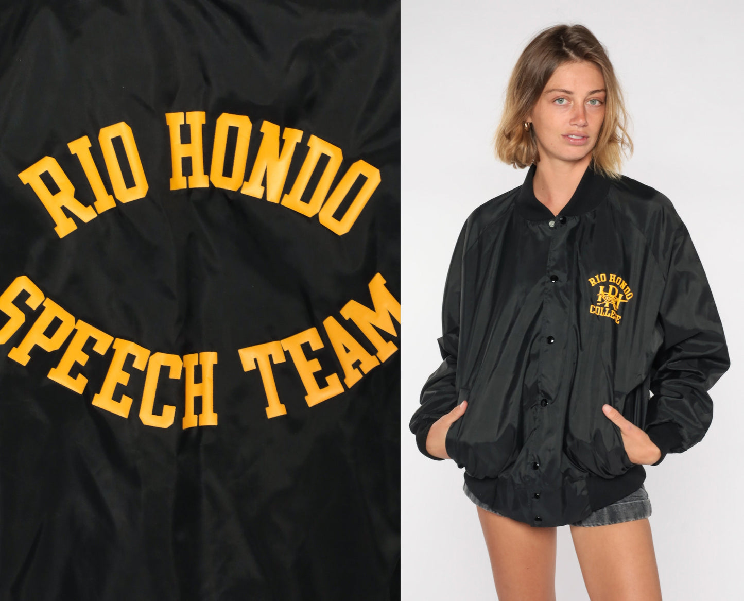 80s Rio Hondo College Speech Team Bomber Jacket Black Nylon Extra Large XL