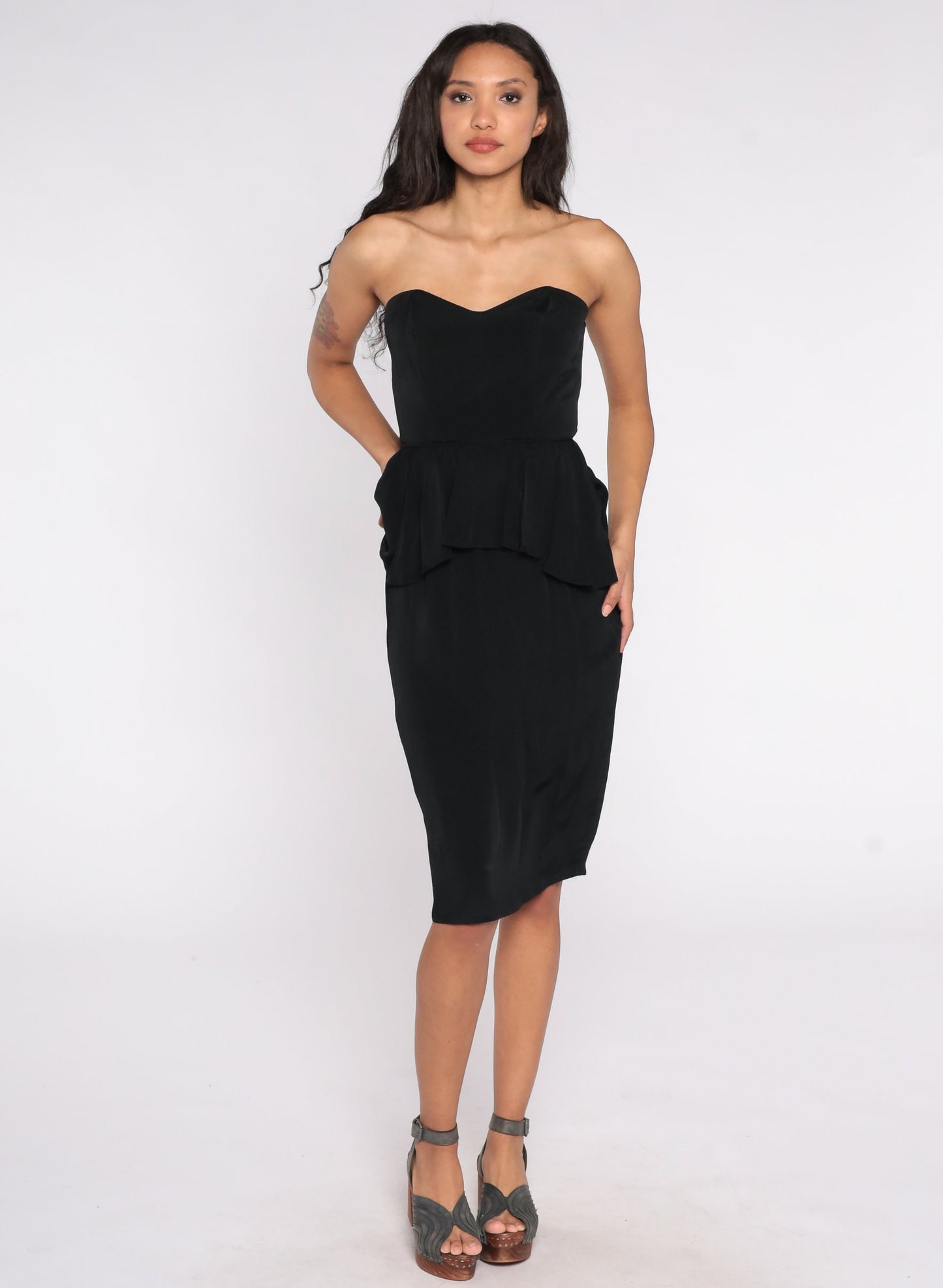 80s Black Strapless Midi Dress Sweetheart Neckline Peplum Extra Small