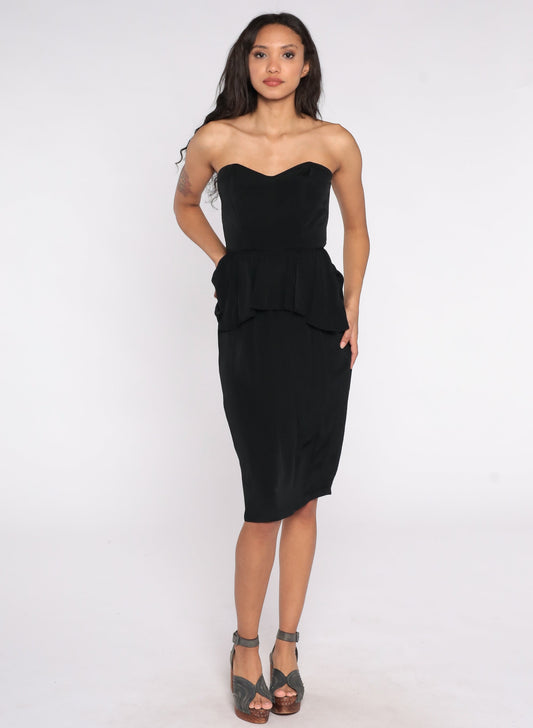 80s Black Strapless Midi Dress Sweetheart Neckline Peplum Extra Small