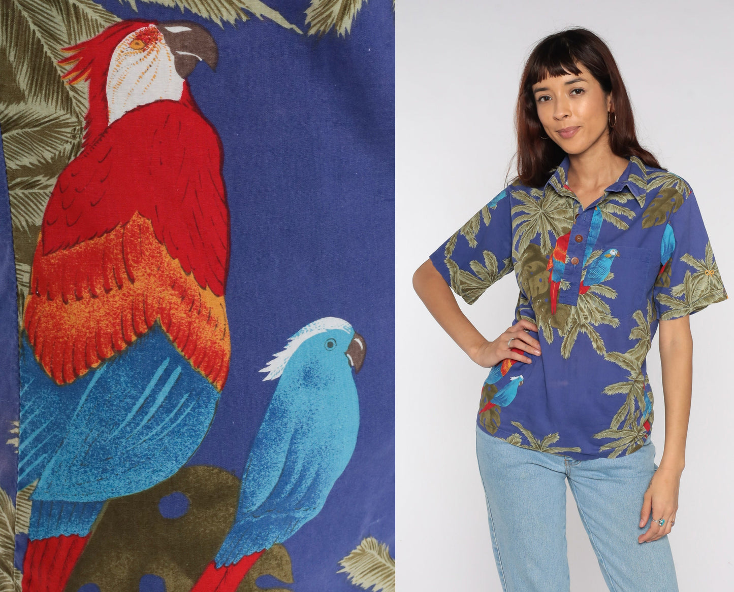 80s Ocean Pacific Tropical Polo Shirt Parrot Palm Leaf Print Small