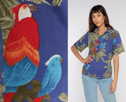 80s Ocean Pacific Tropical Polo Shirt Parrot Palm Leaf Print Small