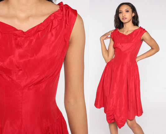 60s Red Cap Sleeve Party Dress Bow Back High Waist Mini Small