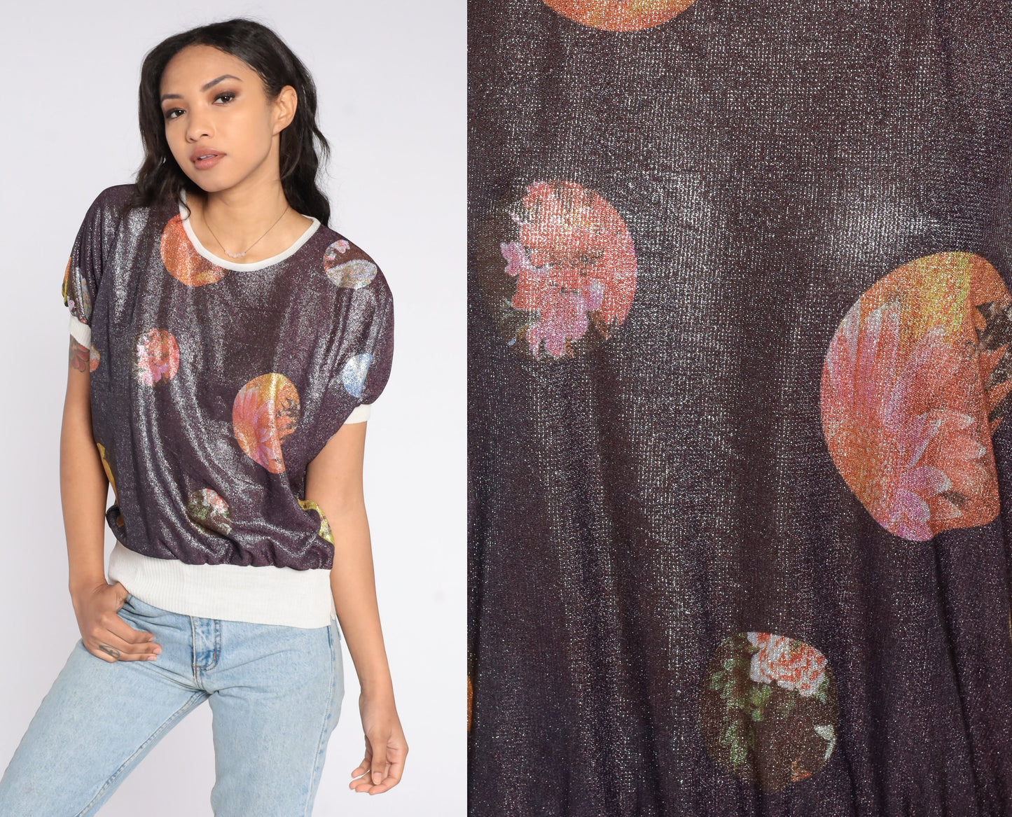 00s Metallic Floral Planet Print Short Sleeve Ringer Tee Small S