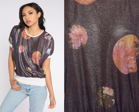 00s Metallic Floral Planet Print Short Sleeve Ringer Tee Small S