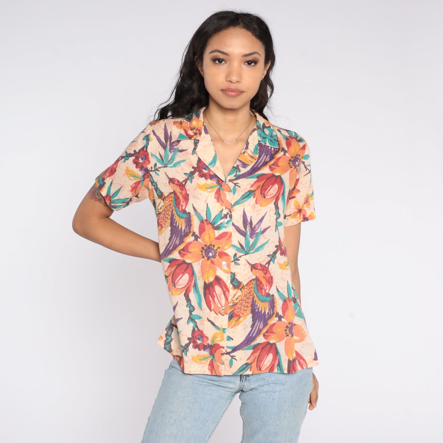 90s Tropical Floral Bird Print Button-Up Blouse Short Sleeve Rayon Medium M