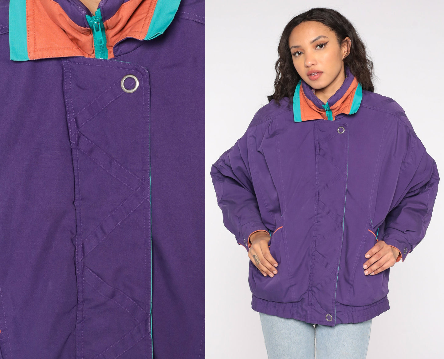 90s Purple Windbreaker Jacket Turquoise Orange Piping Zip Up Medium