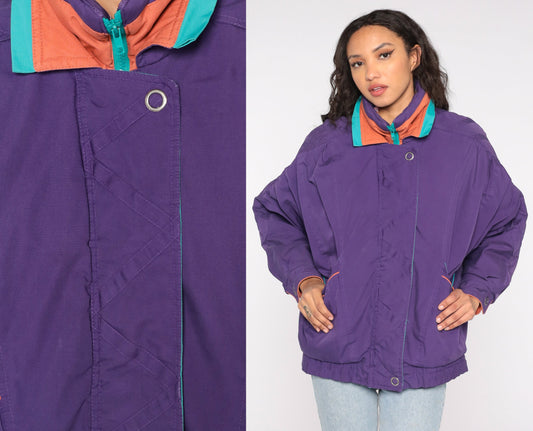 90s Purple Windbreaker Jacket Turquoise Orange Piping Zip Up Medium