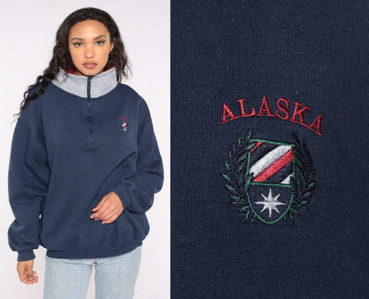90s Alaska Quarter Zip Sweatshirt Navy Embroidered Logo Grey Collar Large