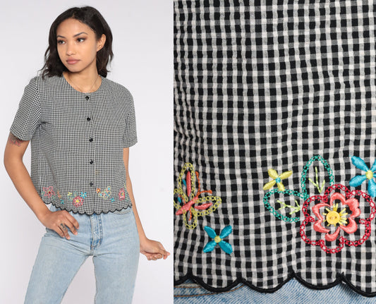 90s Black Gingham Button-Up Blouse Floral Embroidered Scalloped Hem Small