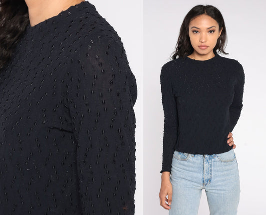 90s Black Embroidered Nylon Blouse Long Sleeve Semi-Sheer Y2K Large L