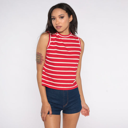 70s Red & White Striped Tank Top Knit Sleeveless Shirt Small S