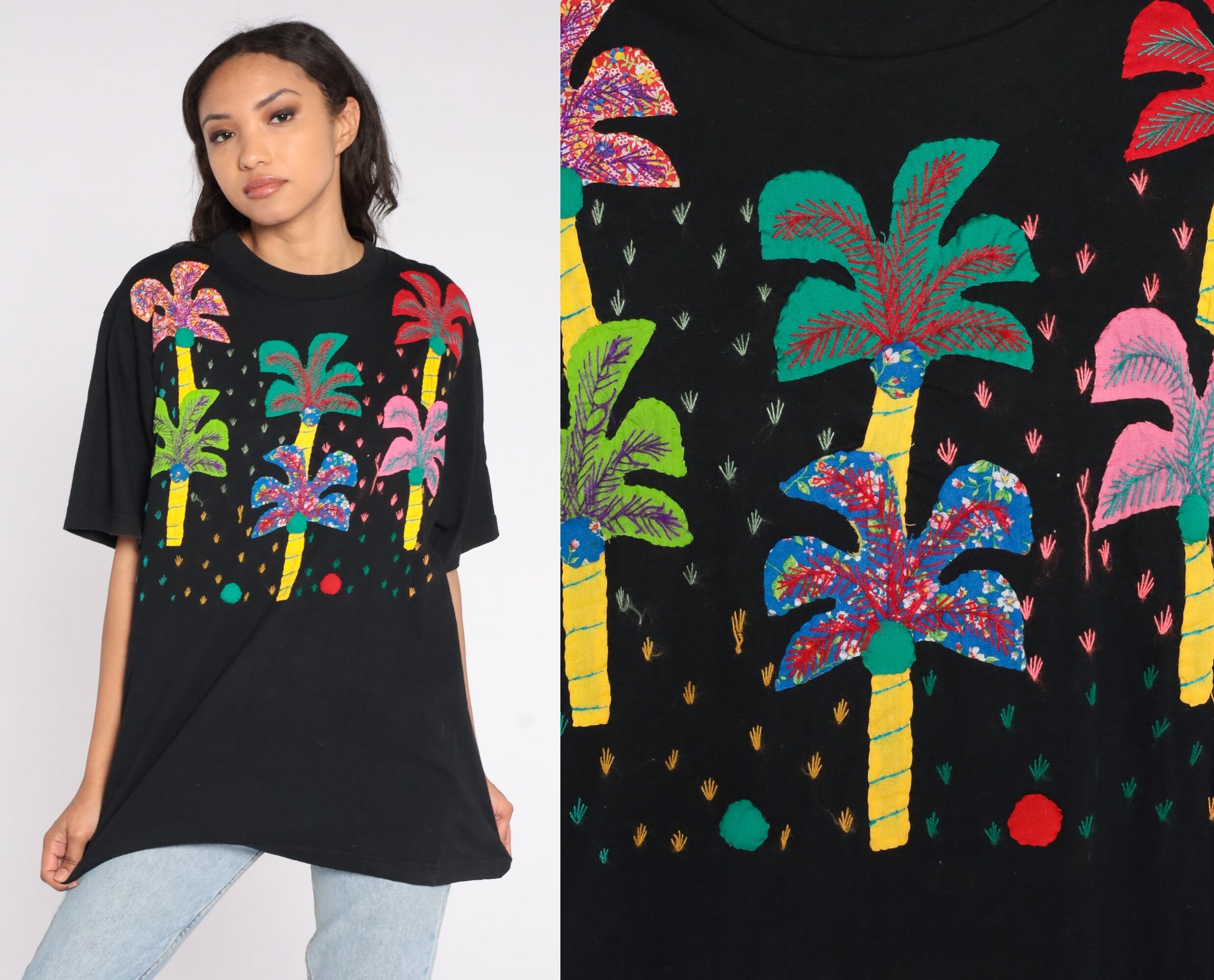 90s Palm Tree Embroidered T-Shirt Black Graphic Tee Extra Large XL
