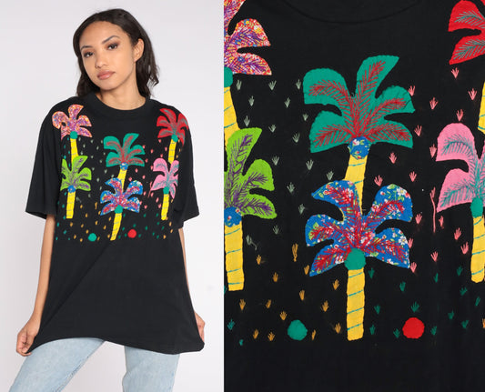 90s Palm Tree Embroidered T-Shirt Black Graphic Tee Extra Large XL