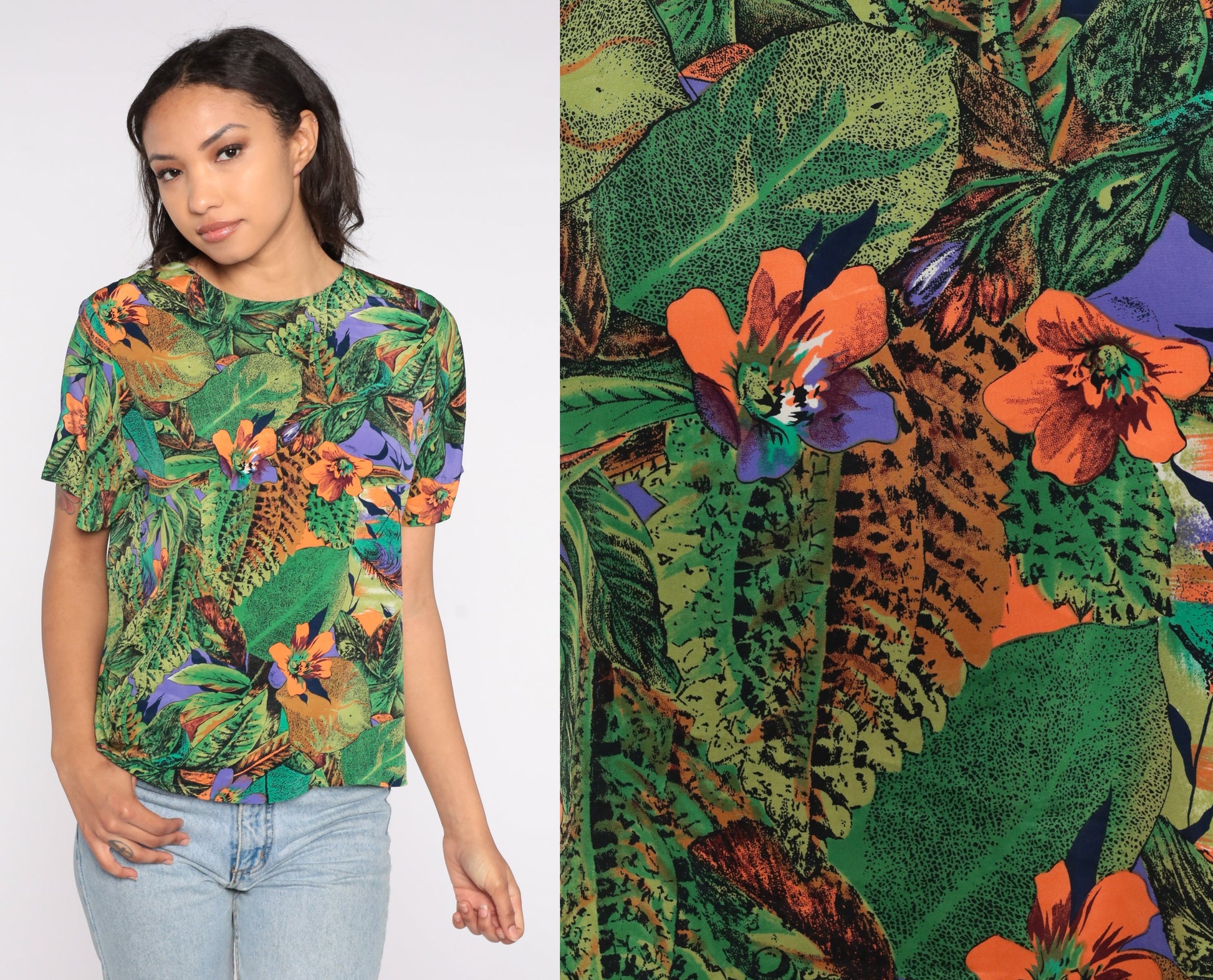 90s Tropical Floral Jungle Print Short Sleeve Shirt Green Small