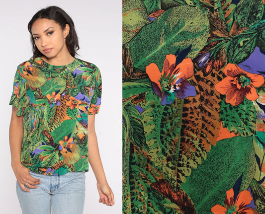 90s Tropical Floral Jungle Print Short Sleeve Shirt Green Small
