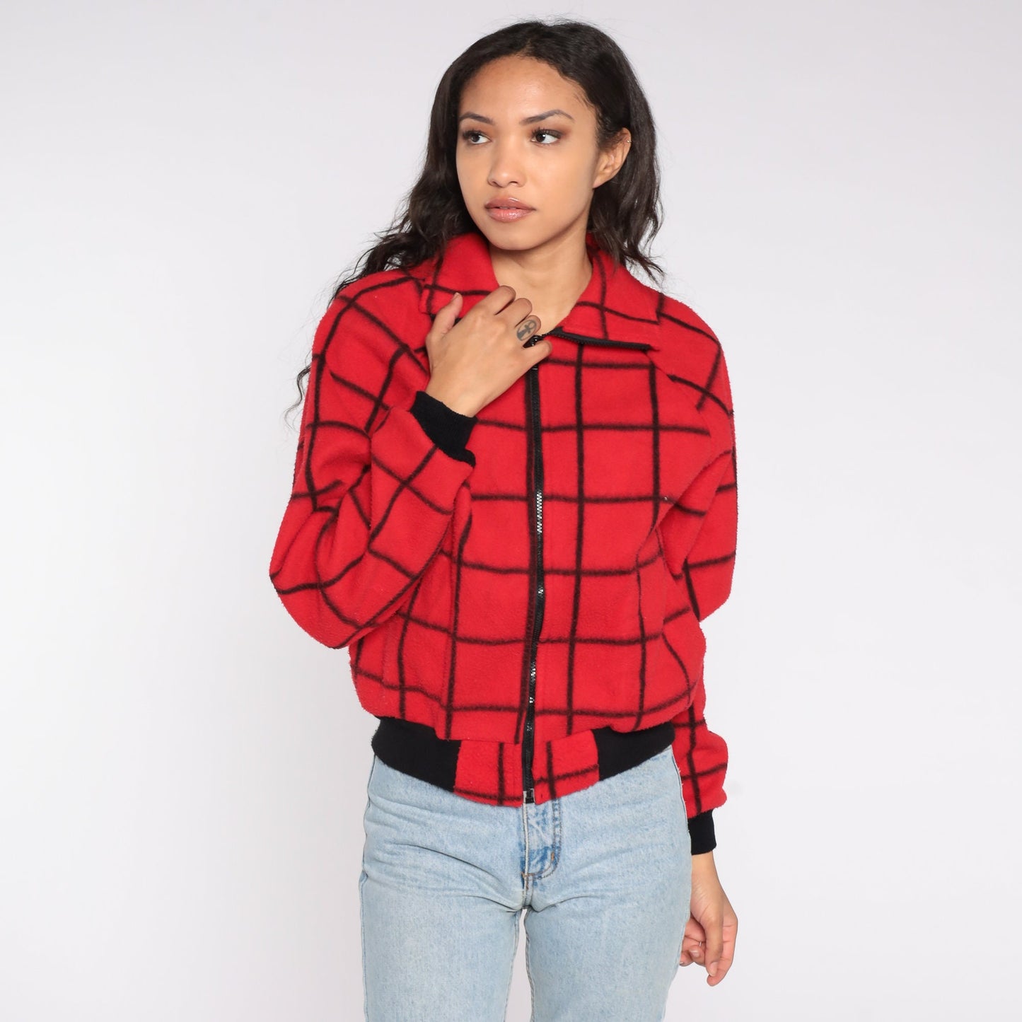 80s Red Plaid Polar Fleece Zip-Up Jacket Checkered Small