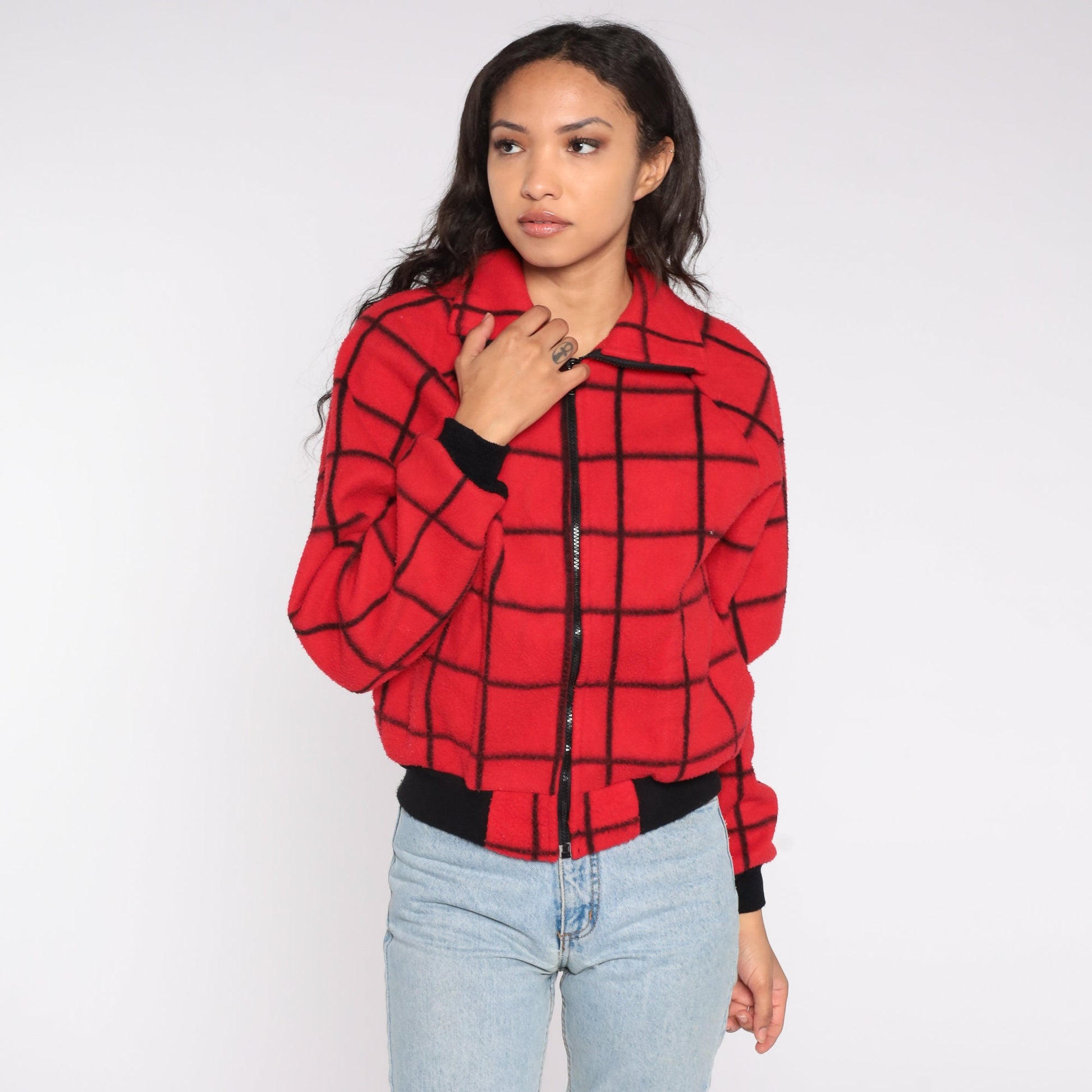 80s Red Plaid Polar Fleece Zip-Up Jacket Checkered Small