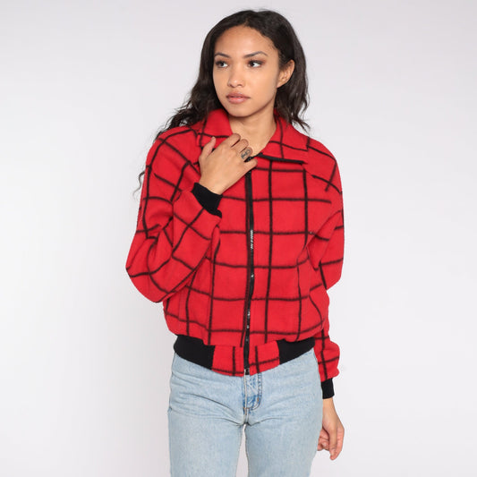 80s Red Plaid Polar Fleece Zip-Up Jacket Checkered Small