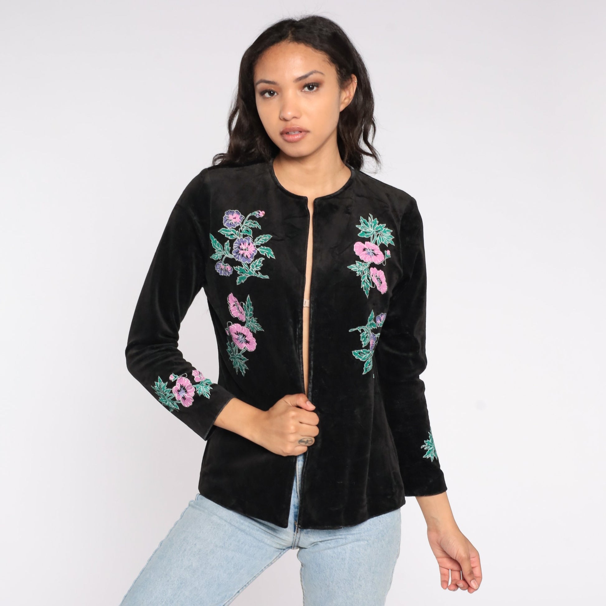 80s Black Velvet Floral Embroidered Open Front Blazer Small