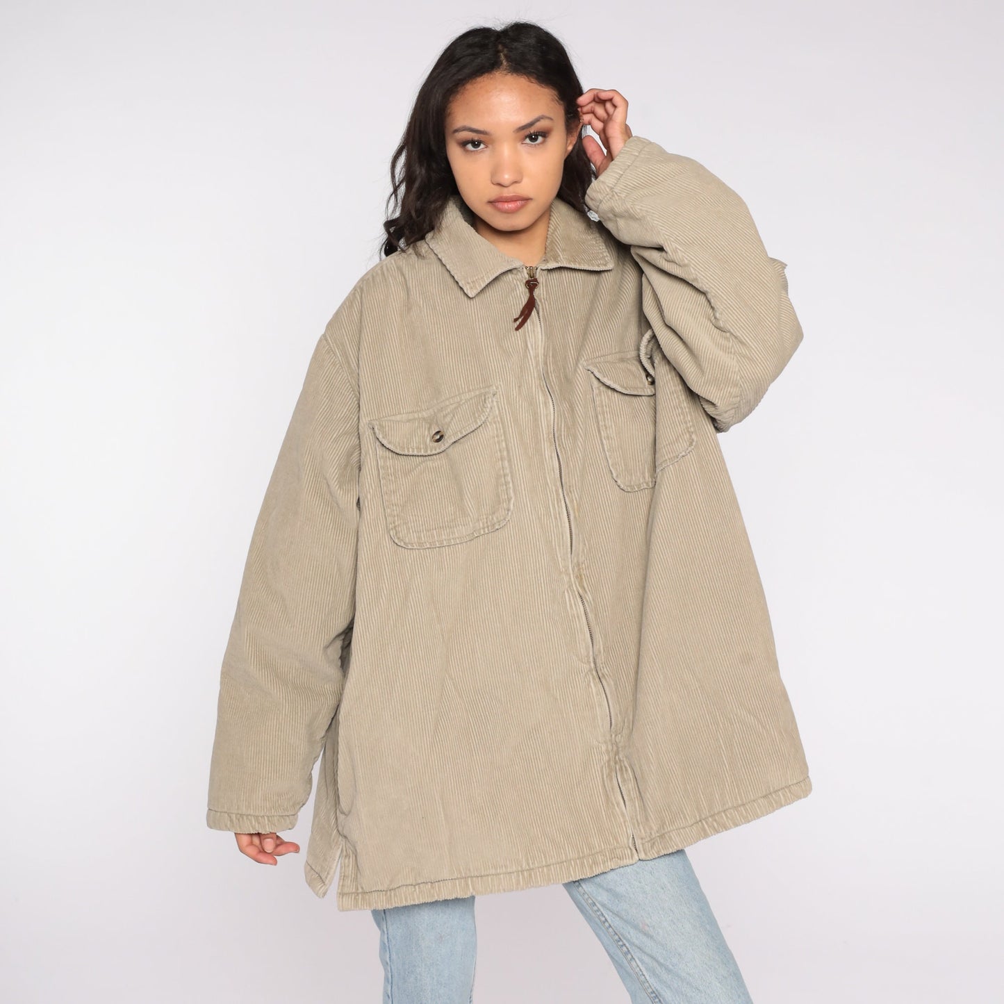 Y2K Tan Corduroy Zip Jacket Fleece Lined Extra Large XL