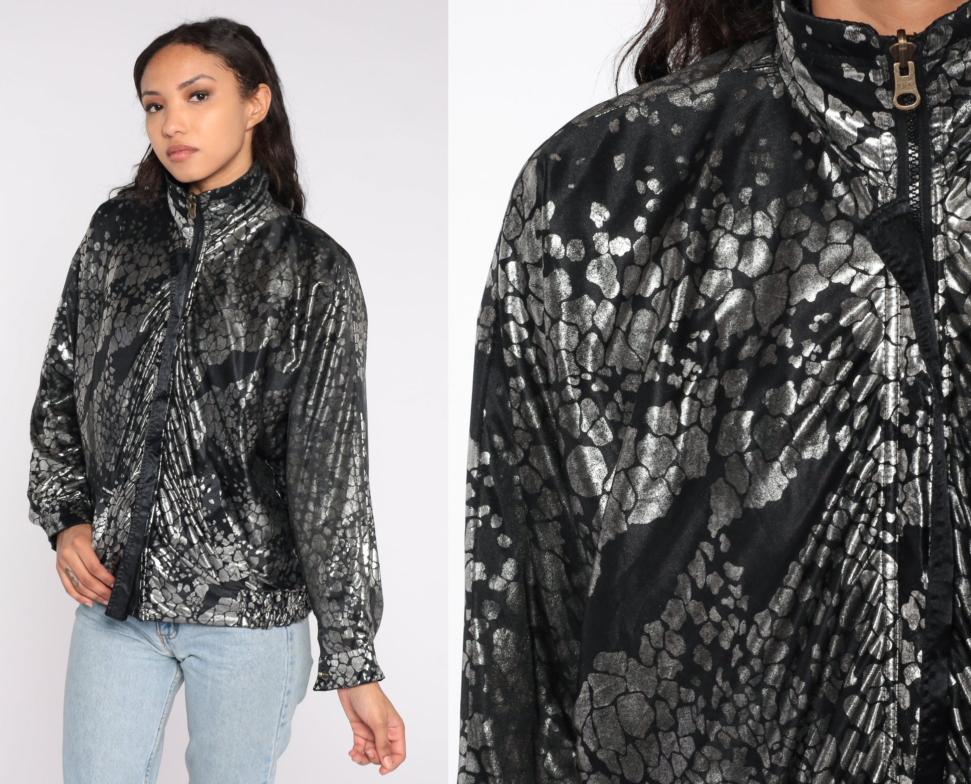 90s Reversible Windbreaker Black Metallic Silver Abstract Zip Bomber Large L