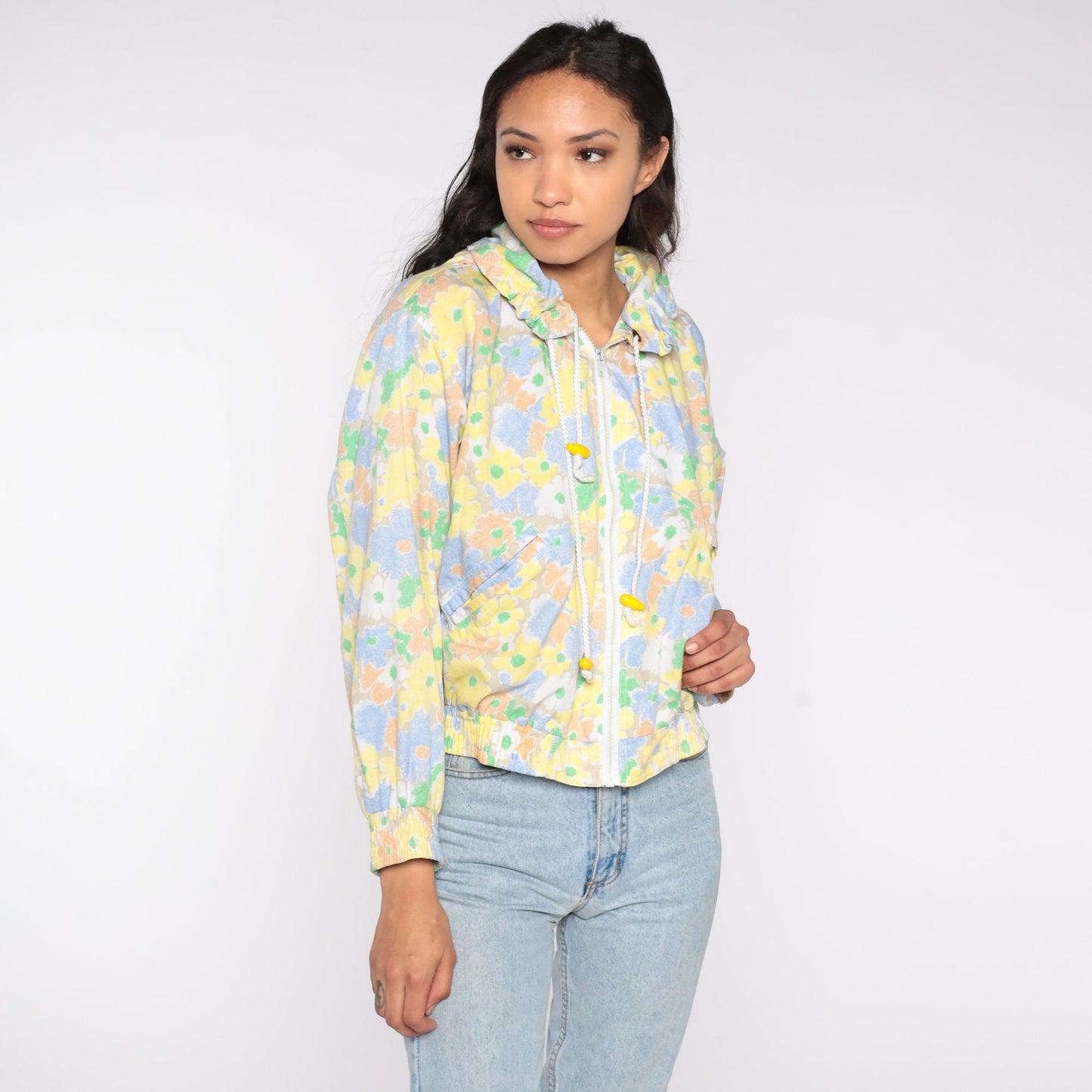 80s Floral Hooded Windbreaker Pastel Zip-Up Jacket Medium