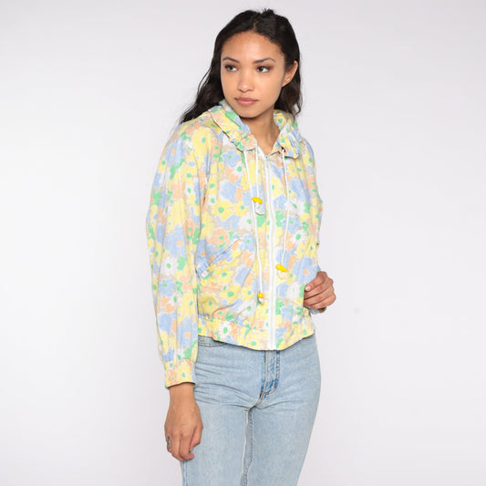 80s Floral Hooded Windbreaker Pastel Zip-Up Jacket Medium