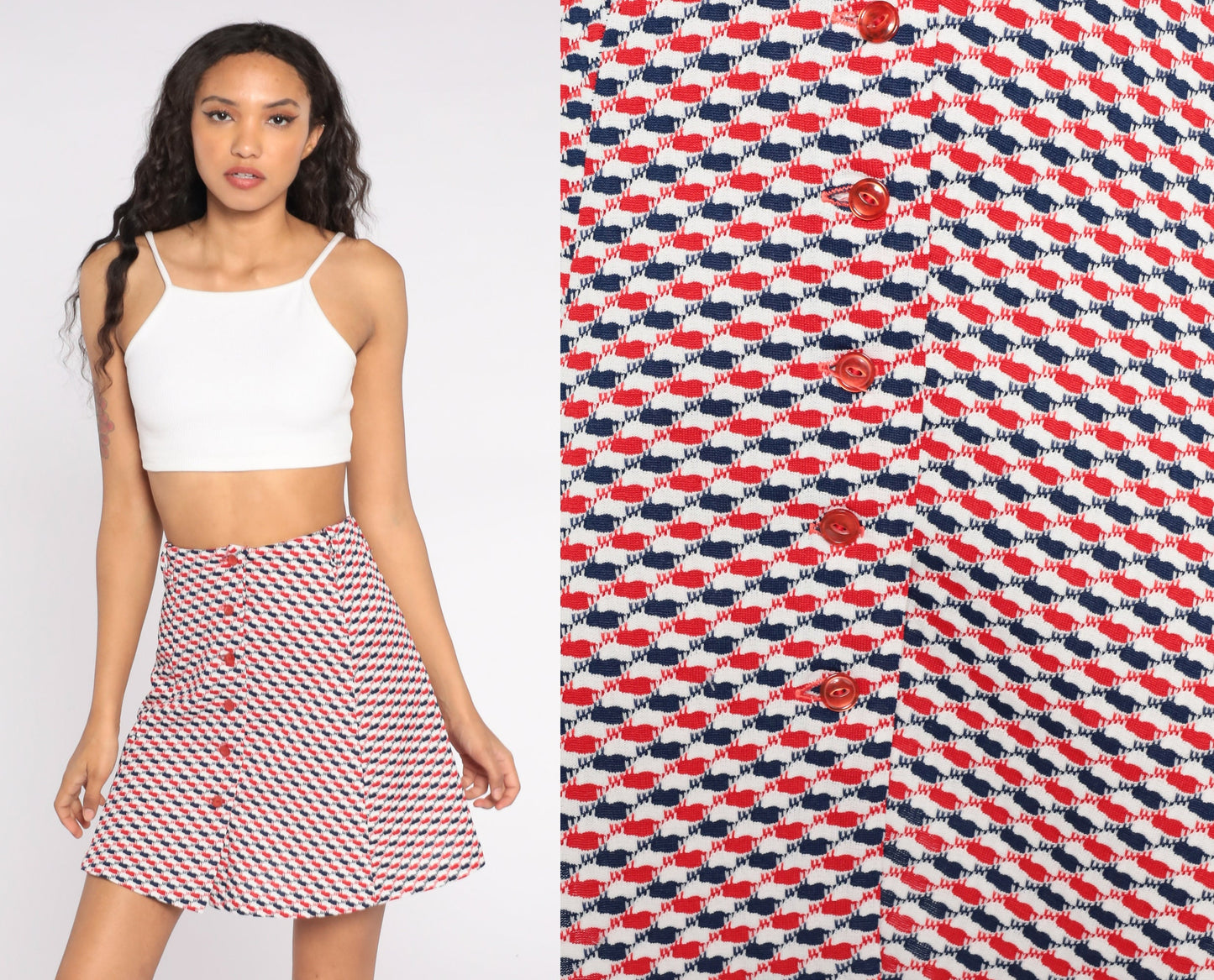70s Plaid Mini Skirt Red White Blue High Waisted Button Front Checkered Extra Small