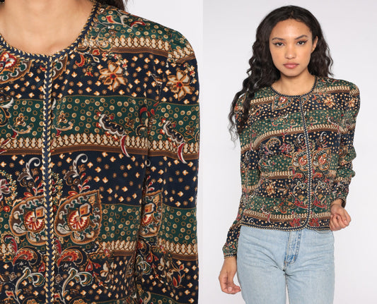 90s Abstract Floral Striped Jacket Green Blue Leaf Print Button Up Large L