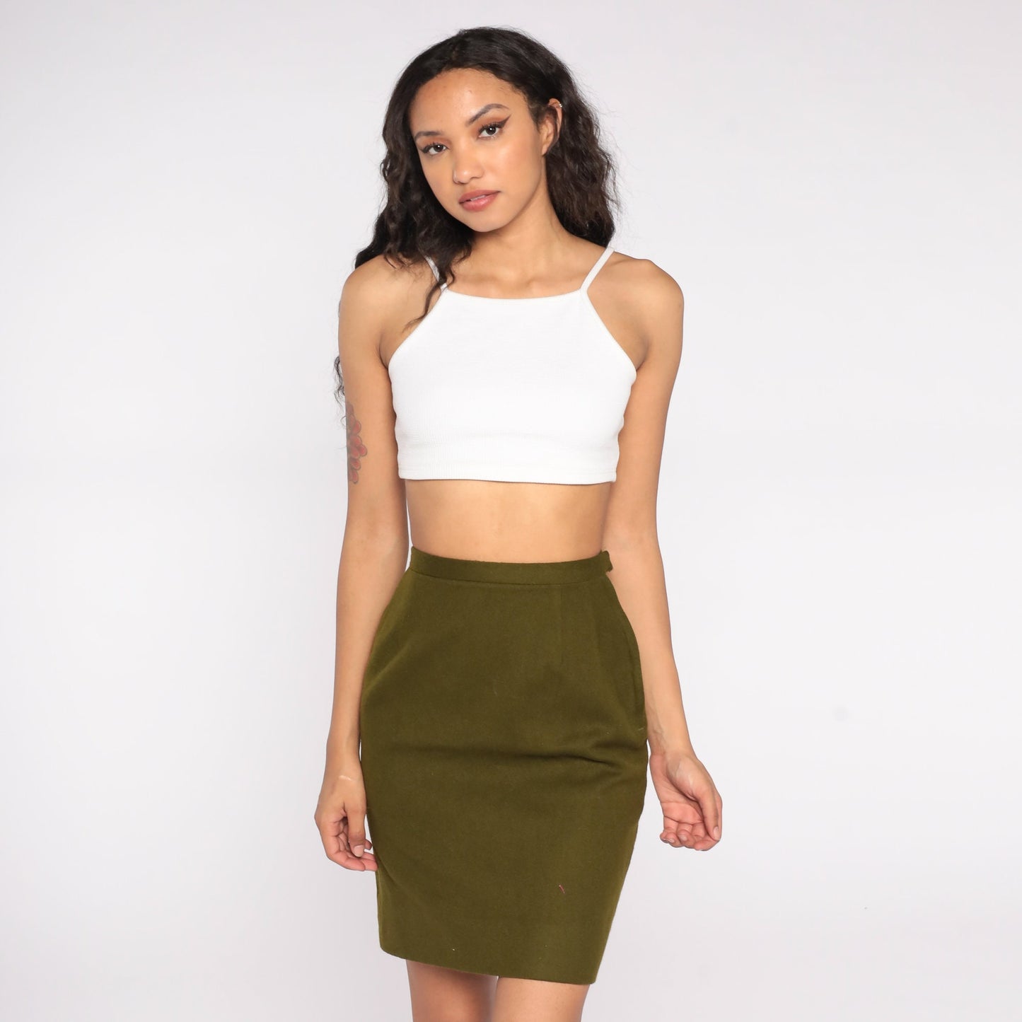 1970s Olive Pencil Skirt High Waist Wool Knit XS Extra Small