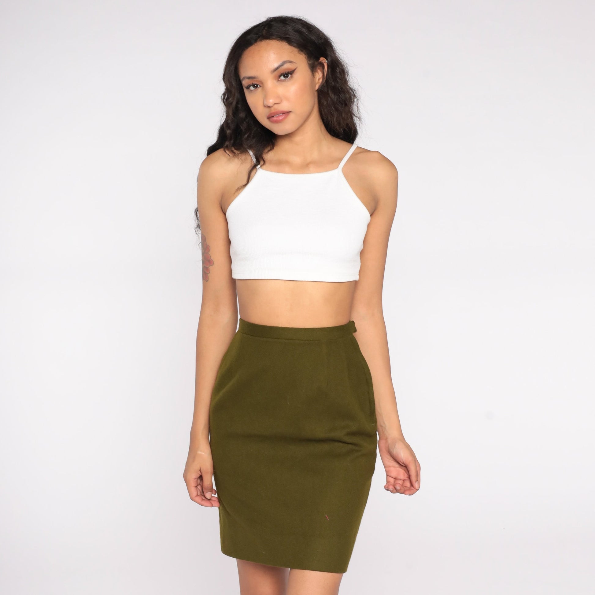 1970s Olive Pencil Skirt High Waist Wool Knit XS Extra Small