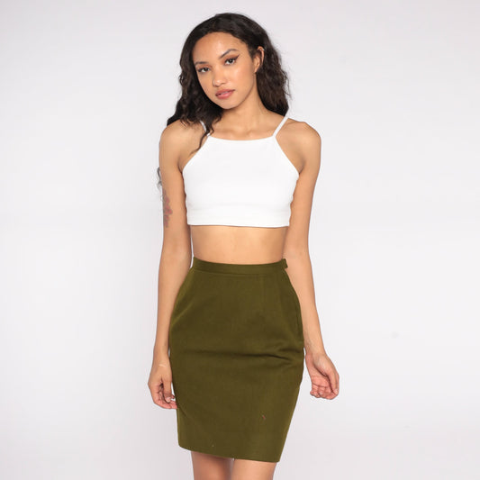 1970s Olive Pencil Skirt High Waist Wool Knit XS Extra Small