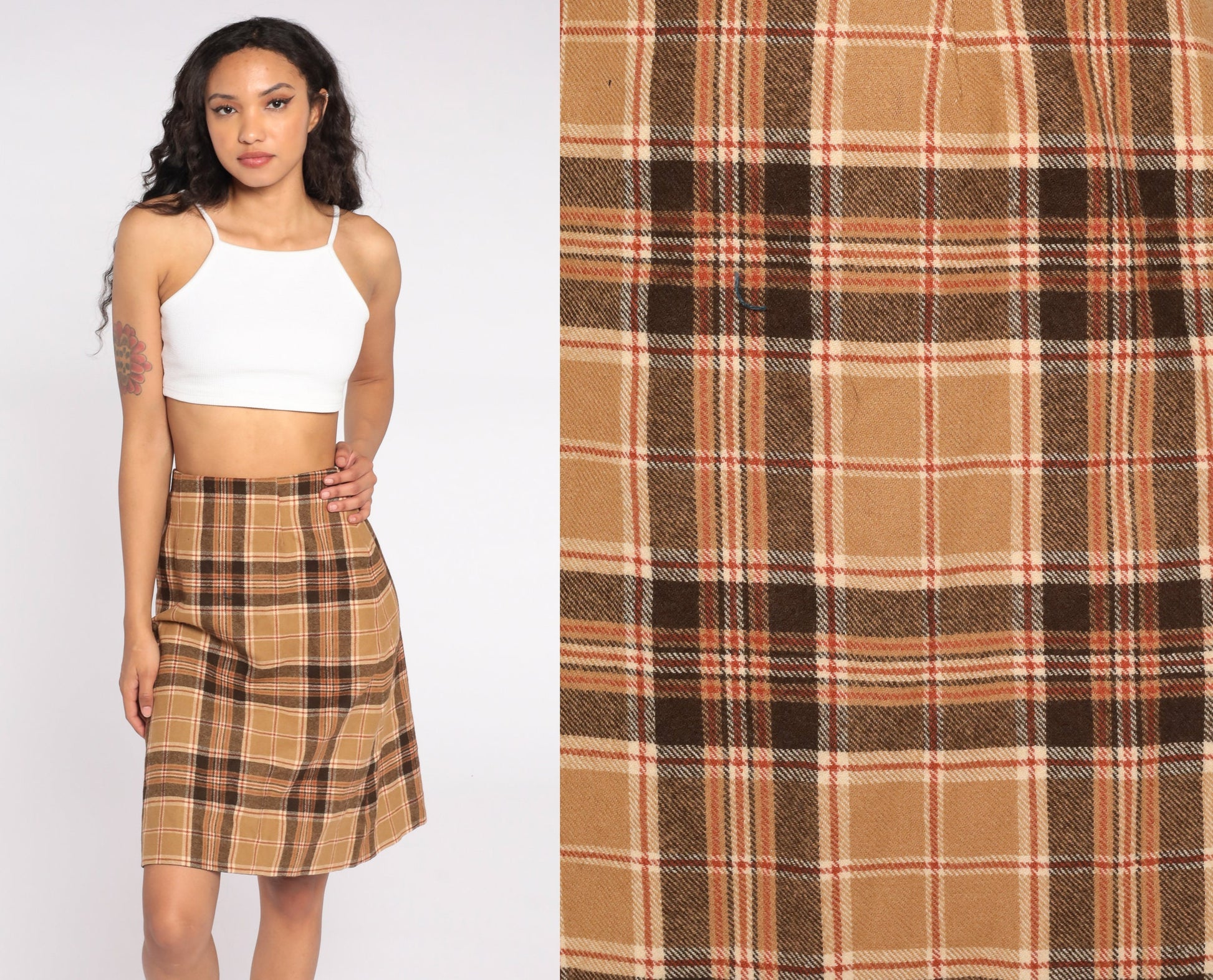 70s Brown Plaid High-Waist Pencil Skirt Wool Extra Small XS