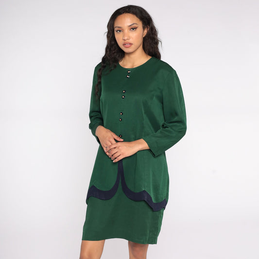 80s Green Midi Shirt Dress Button-Up Long Sleeve Peplum Navy Detail Extra Large XL