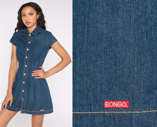 90s Bongo Denim Mini Dress Dark Blue Button-Up Collar Short Sleeve Extra Small XS