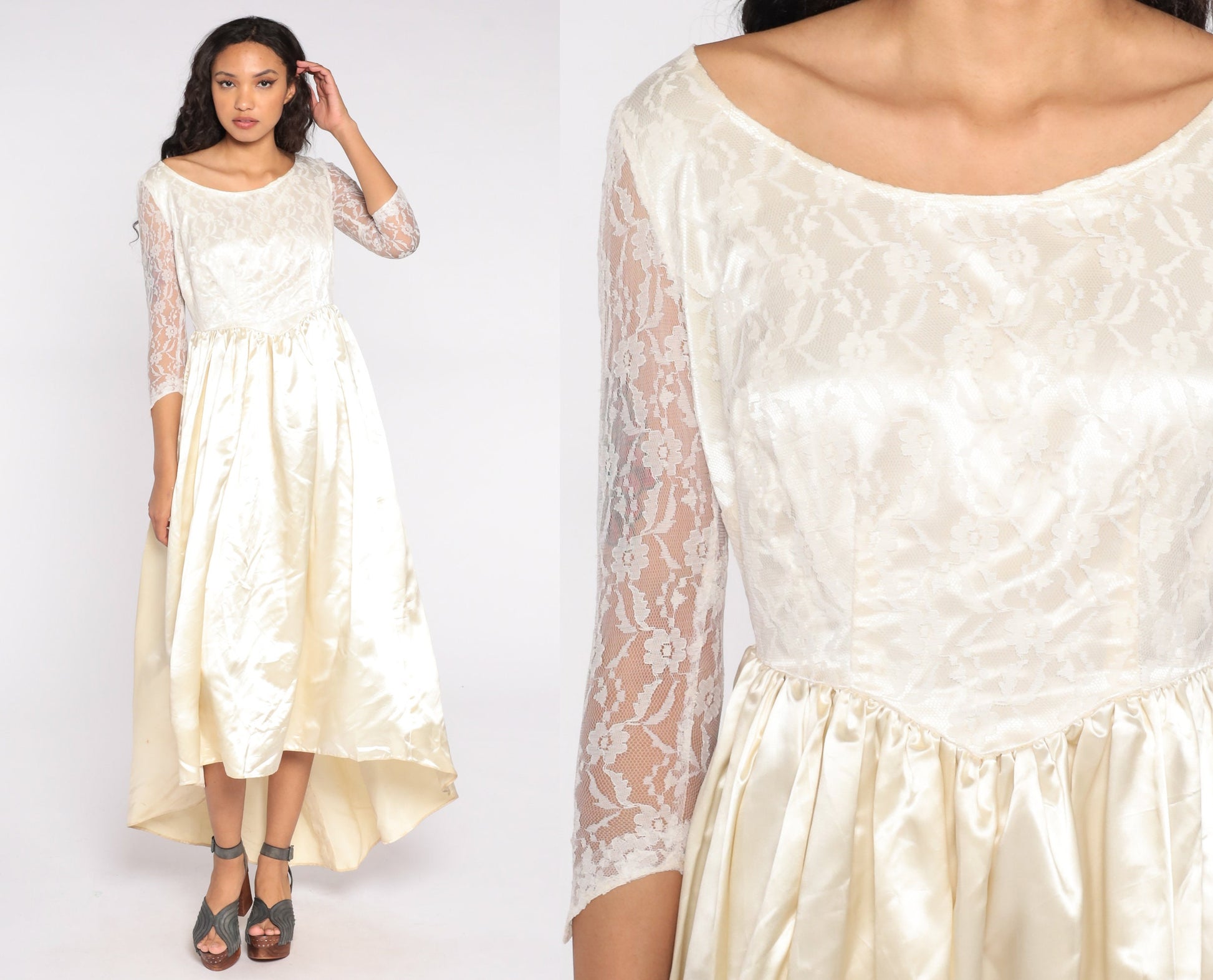 1960s Cream Lace Wedding Dress Basque Waist Maxi Small