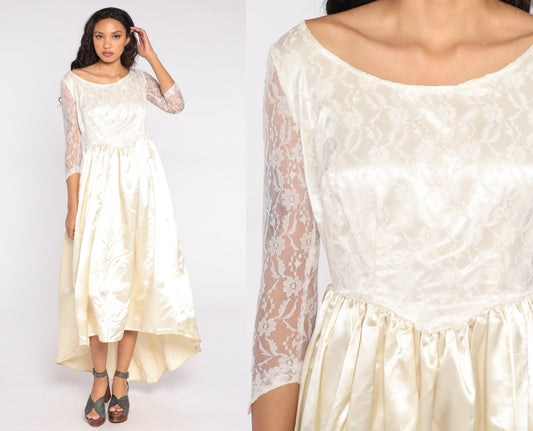 1960s Cream Lace Wedding Dress Basque Waist Maxi Small