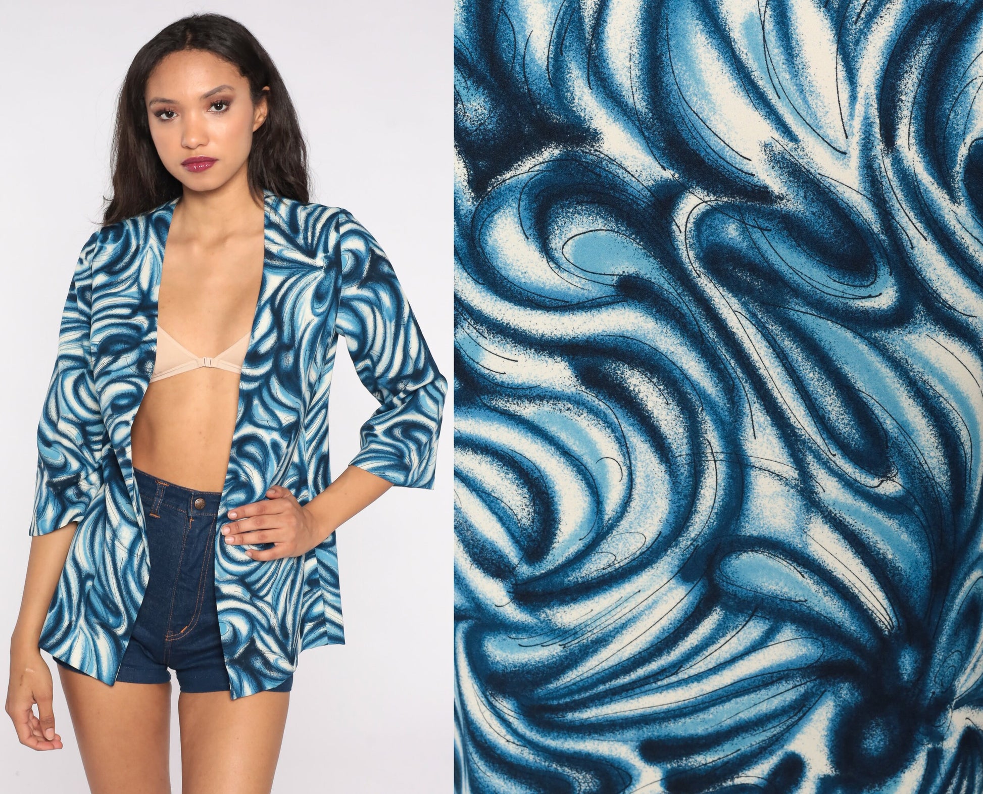 70s Blue Swirl Print Open Front Jacket Small