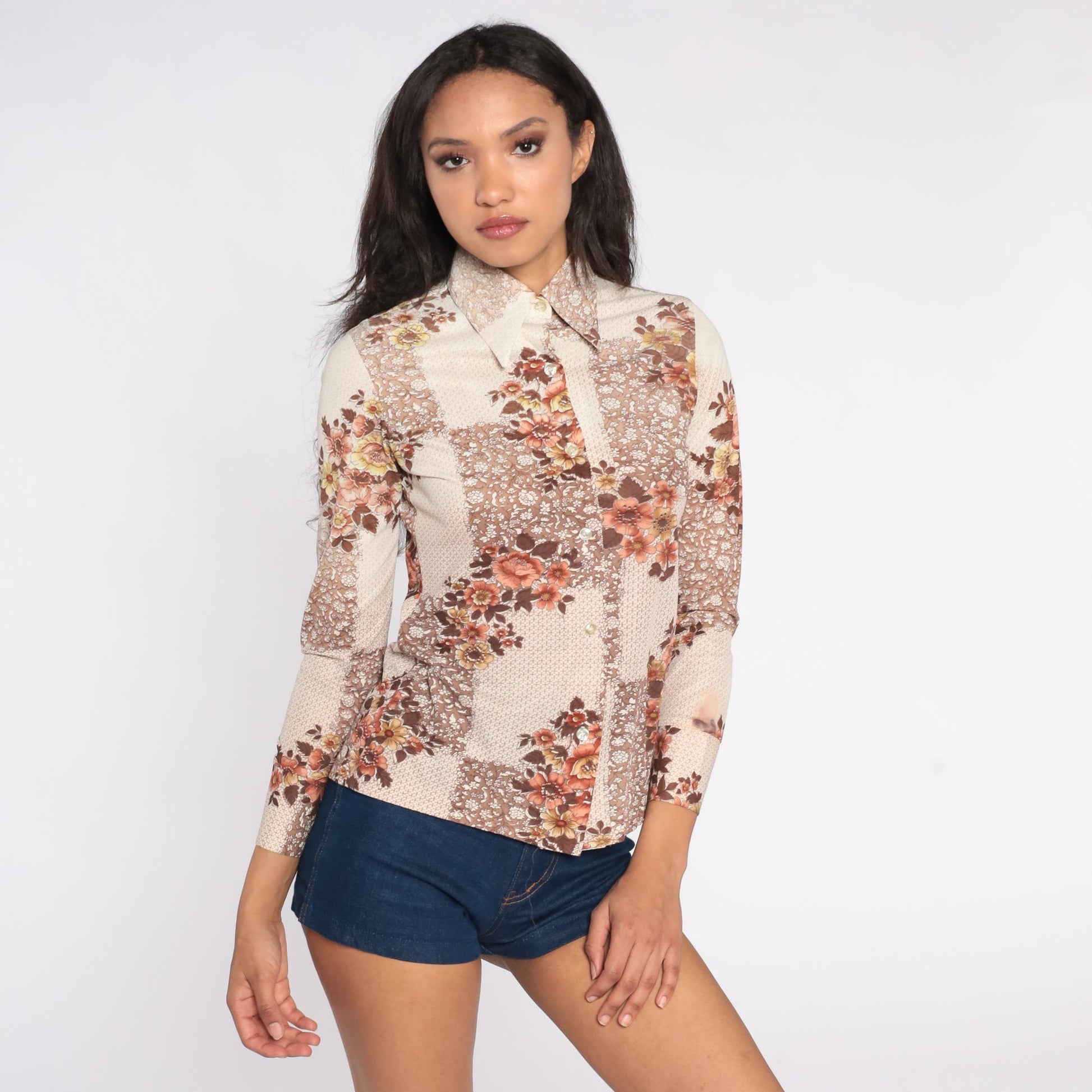 70s Brown Floral Button-Up Shirt Pointed Collar Long Sleeve Extra Small
