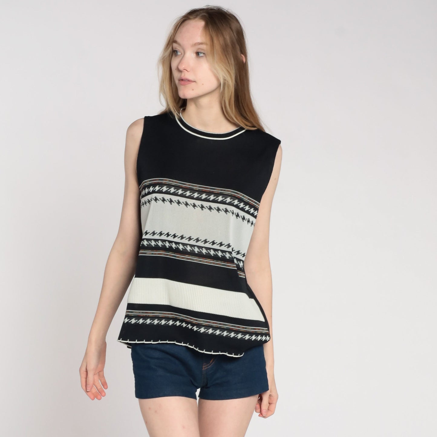 70s Black Off-White Striped Tank Top Sleeveless Blouse Large L
