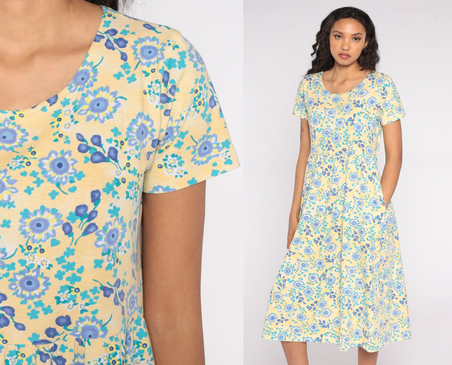 80s Yellow Blue Floral Midi Dress Cotton Short Sleeve High Waist Small S