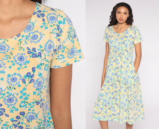 80s Yellow Blue Floral Midi Dress Cotton Short Sleeve High Waist Small S