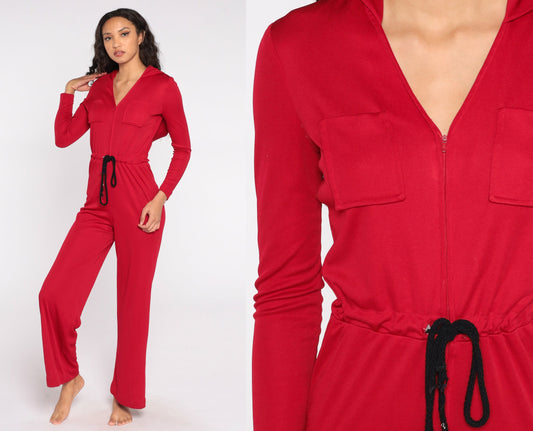 70s Red Hooded Jumpsuit Wide Leg Bell Bottom Zip Front Small