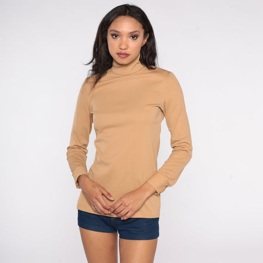 70s Camel Turtleneck Long Sleeve Shirt Polyester Extra Small