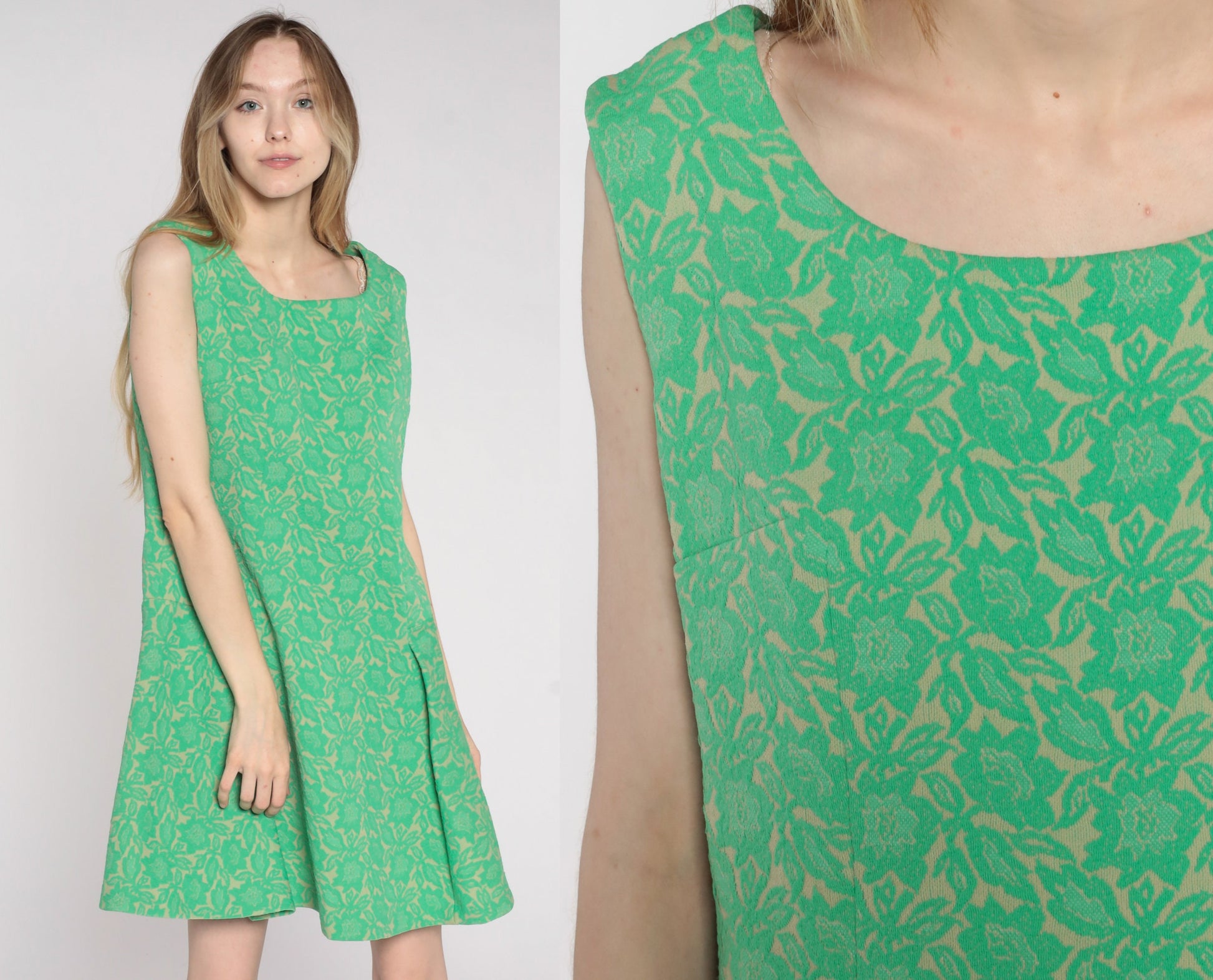 60s Floral Mini Dress Green Drop Waist Pleated Sleeveless Mod Medium Large