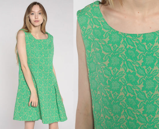 60s Floral Mini Dress Green Drop Waist Pleated Sleeveless Mod Medium Large