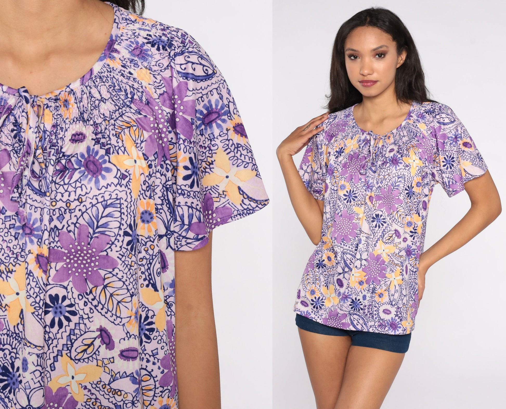 80s Purple Floral Keyhole Blouse Short Sleeve Smocked Tie Neck Large L