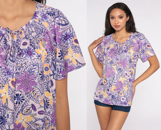 80s Purple Floral Keyhole Blouse Short Sleeve Smocked Tie Neck Large L
