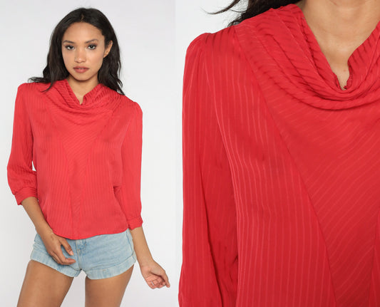 80s Red Cowl Neck Blouse Puff Sleeve Semi Sheer Party Top Medium