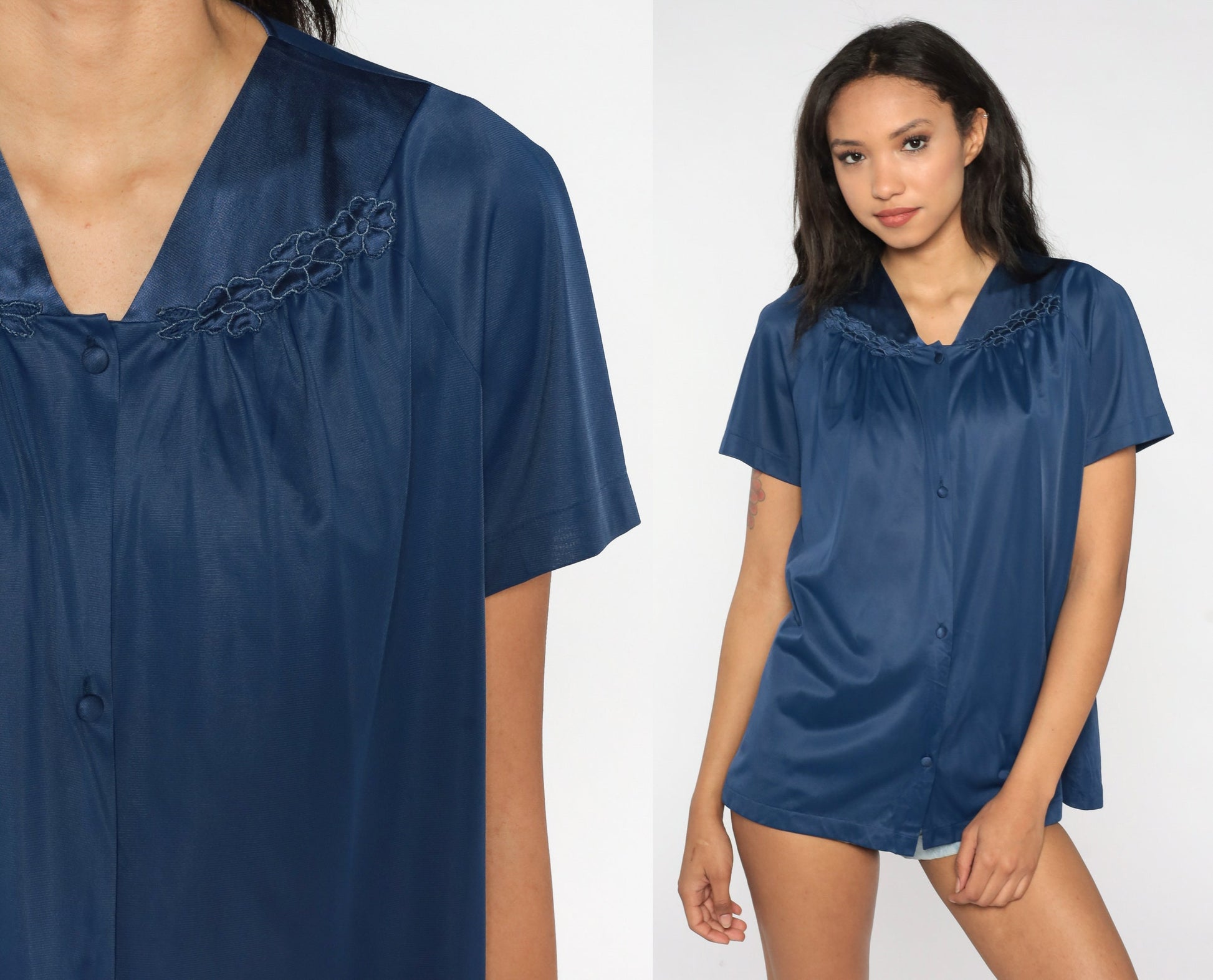 80s Navy Floral Embroidered Pajama Top Button-Up Lingerie Shirt Large L